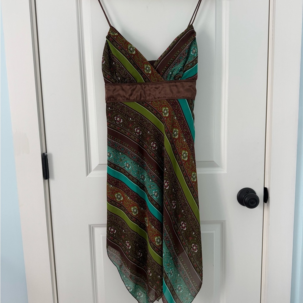 Morgan & Co. Brown, Teal & Olive Striped Asymmetrical Sundress